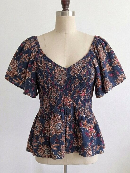 Angie Tops - Angie Flutter Sleeve Top Smocked Crop Floral Boho Hippie Festival